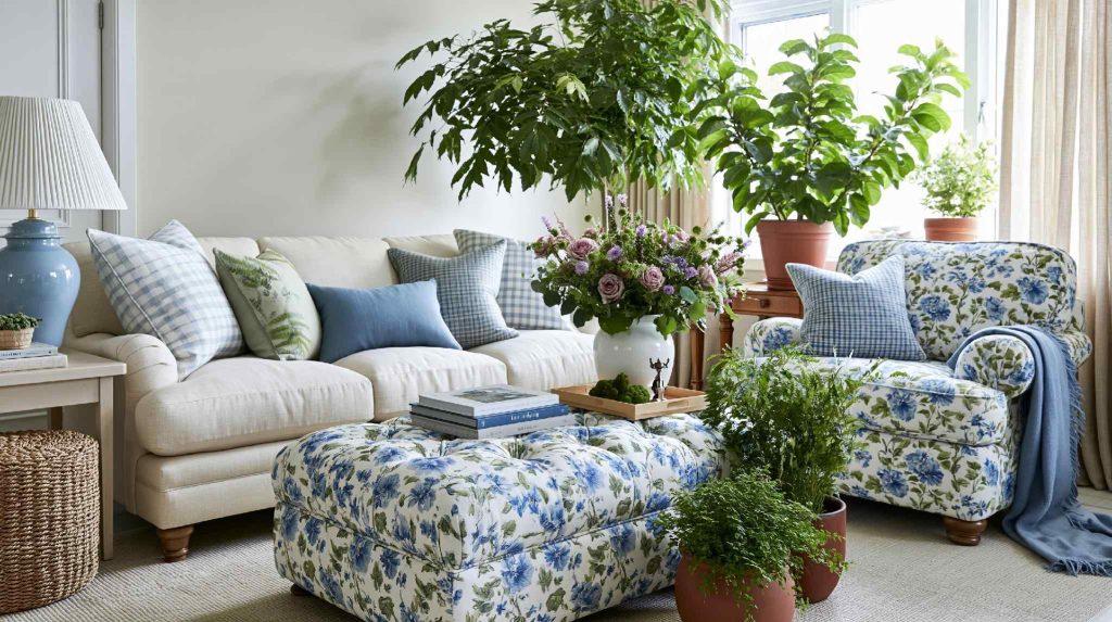  Blue and cream dual tone sofa with florals