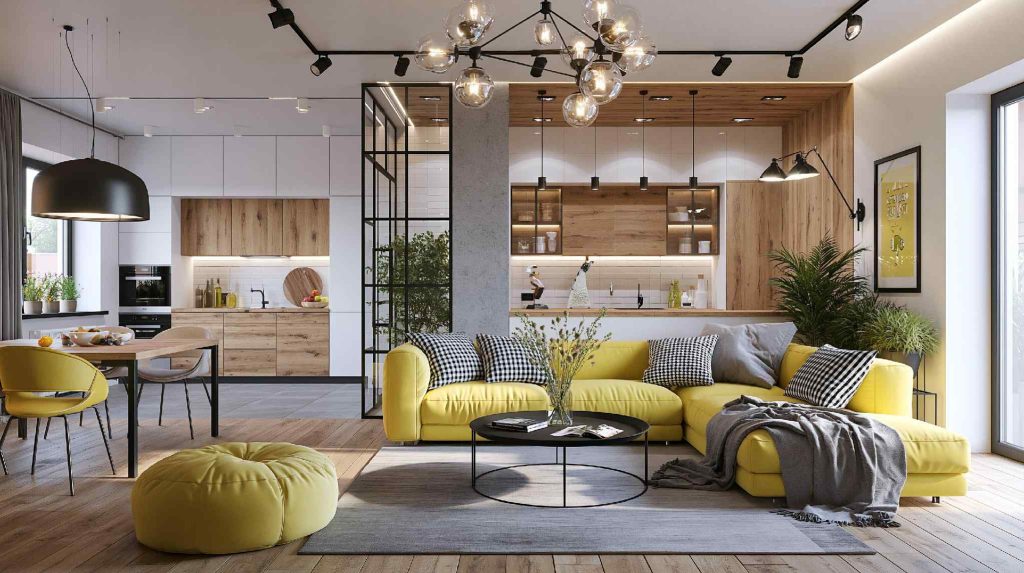Mustard yellow dual tone sofa in living room