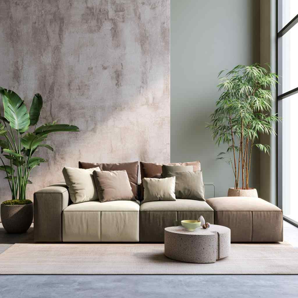  Olive green and beige cushions create an earthy dual tone sofa set design.