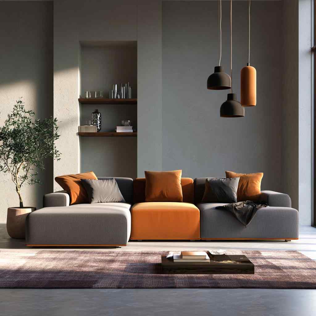 Orange and grey dual tone sectional sofa