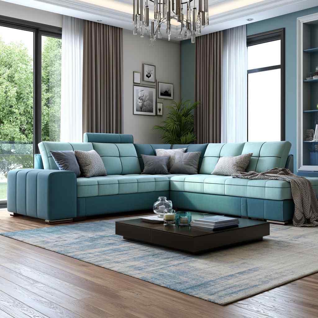 Teal dual tone sofa set in modern living room