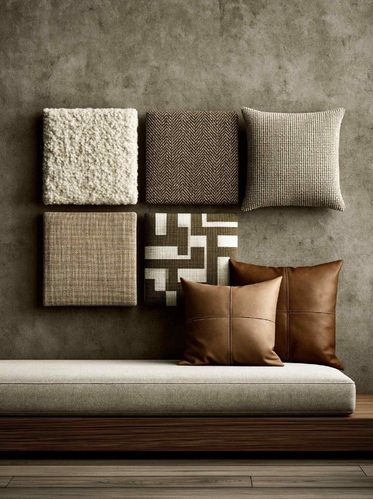 Fabric and leather swatches for sofa upholstery