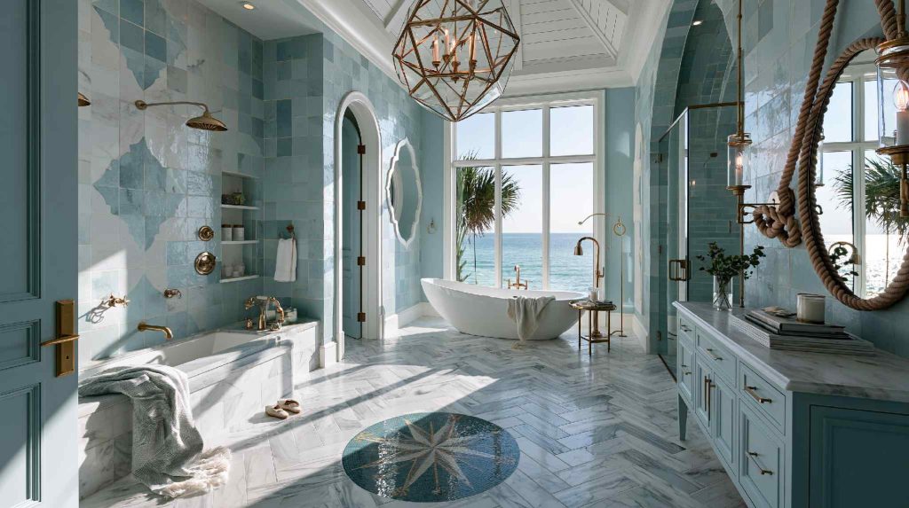Blue tiled luxury bathroom with freestanding tub