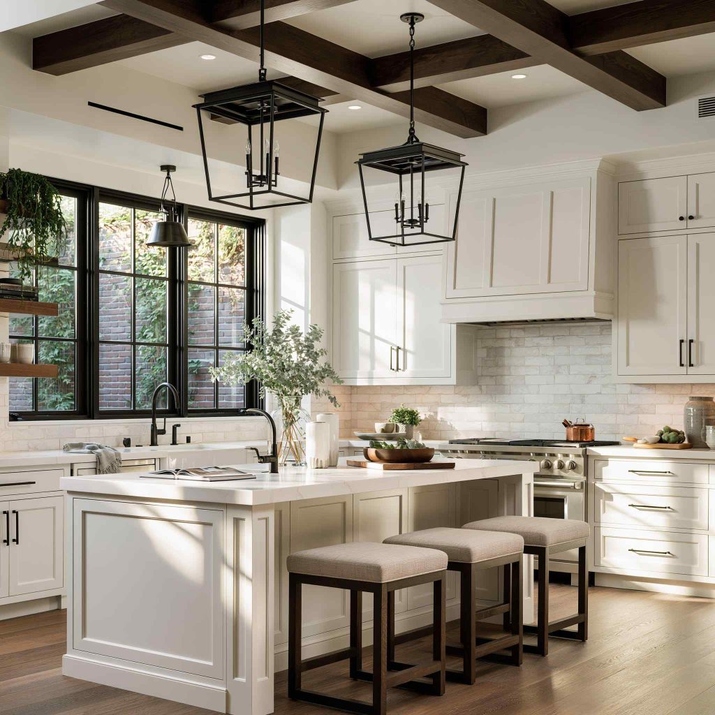 Classic kitchen design with shaker cabinets lanterns
