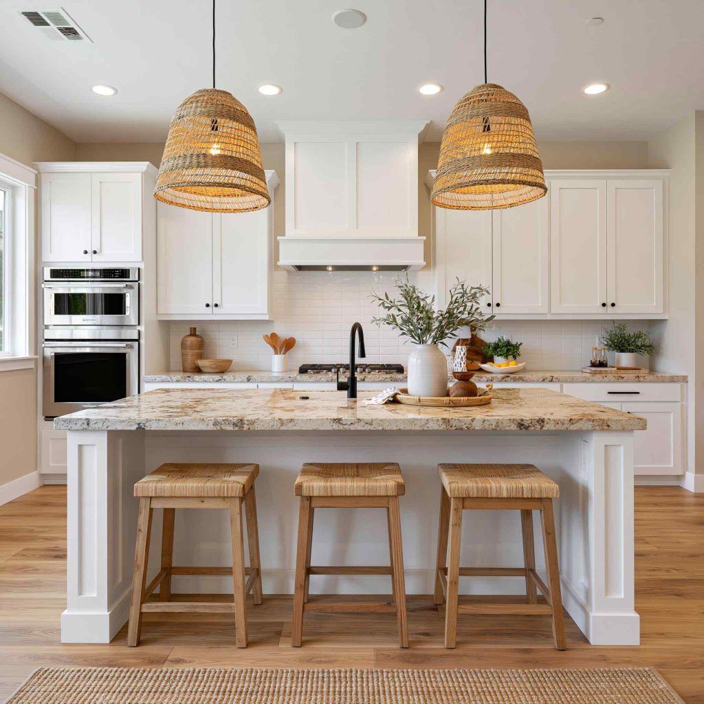Classic white kitchen design with rattan pendants