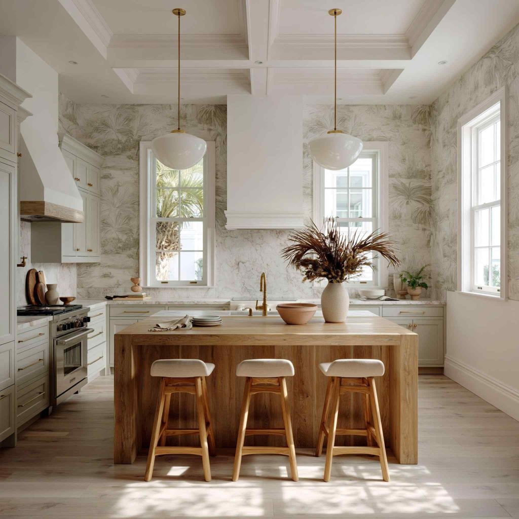  Classic white kitchen design with wood island