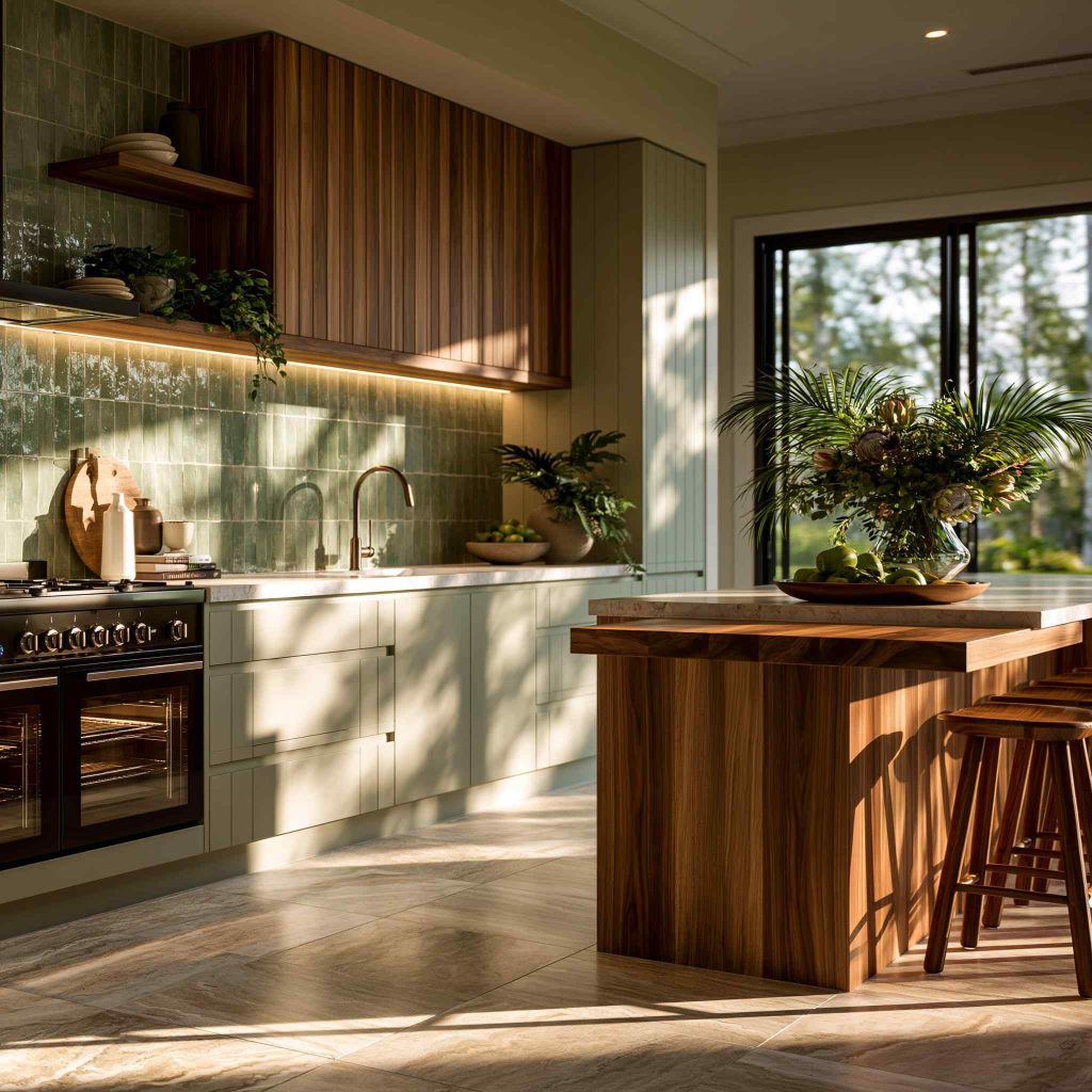 Small American kitchen with peninsula and tile backsplash