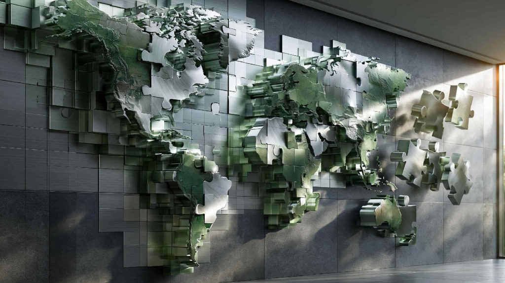 Corporate office wall decor with 3D map art