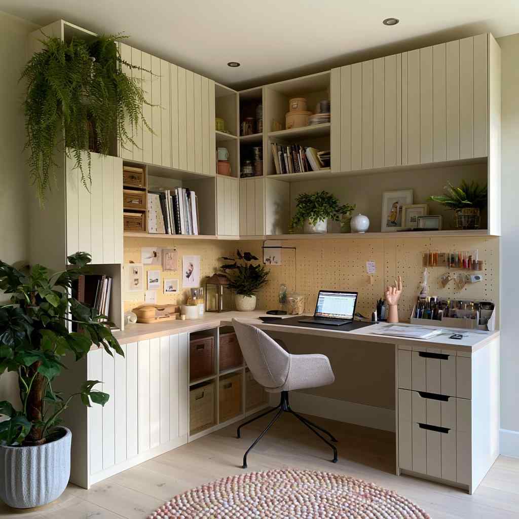 Craft room decor with corner desk pegboard