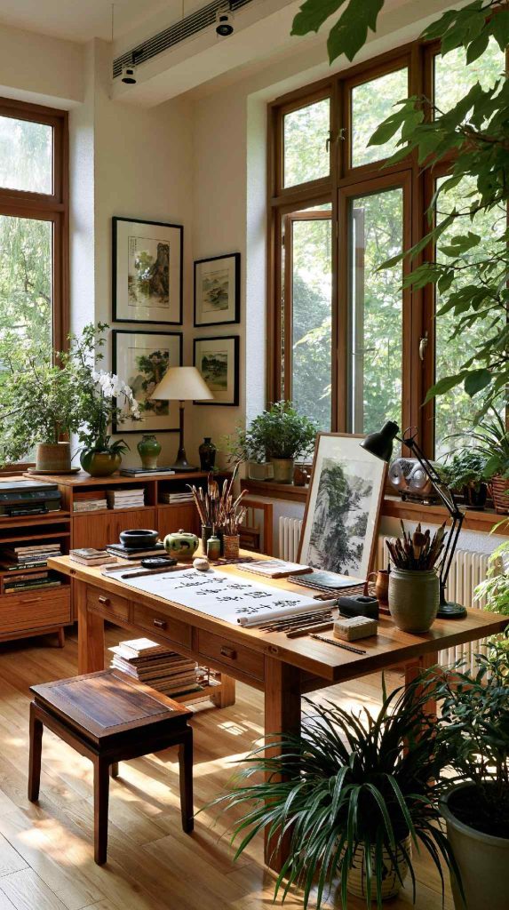 Cosy craft room decor with plants and shelving