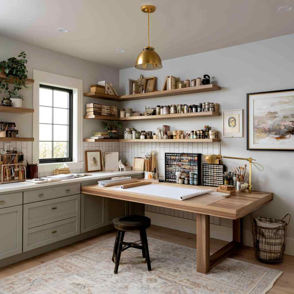 Craft room decor with open wood shelves