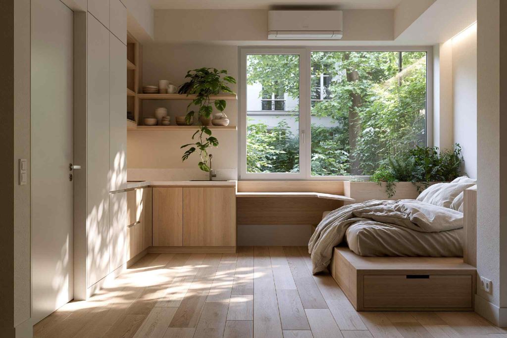 Built-in wardrobe desk small bedroom layout