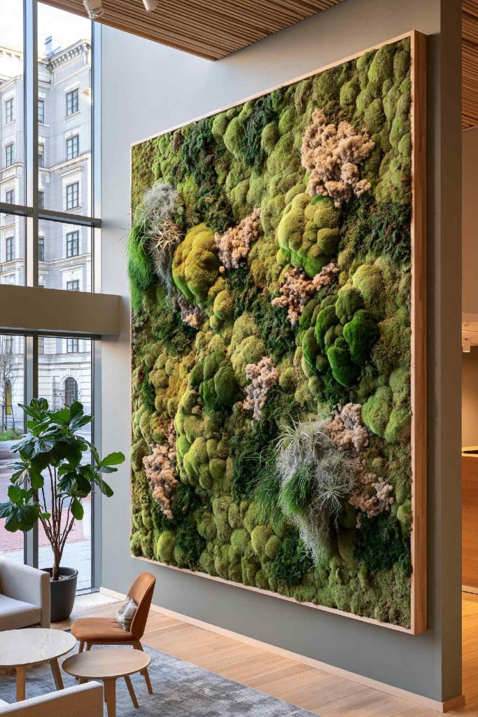 Biophilic office wall decor with moss wall