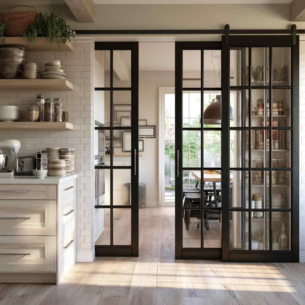 Black-framed glass sliding pantry door kitchen