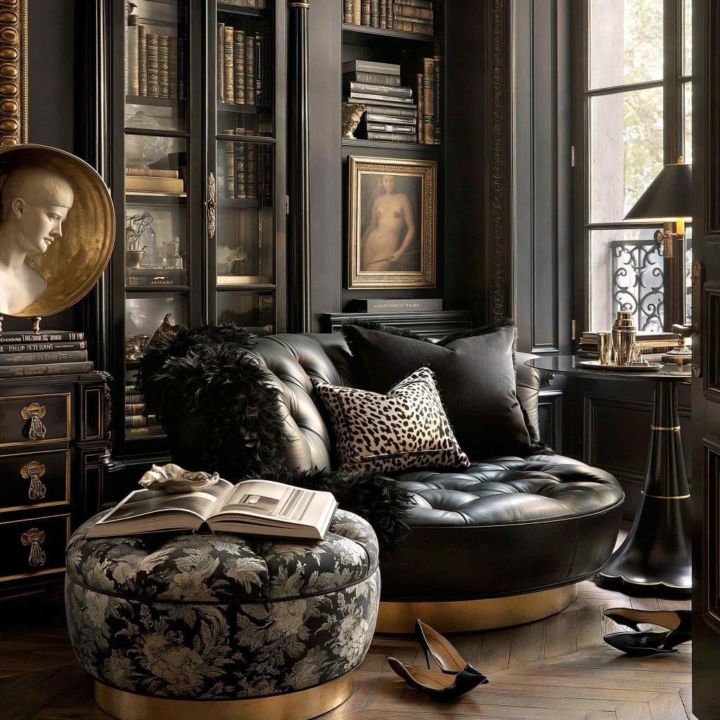 Black leather sofa design in moody lounge