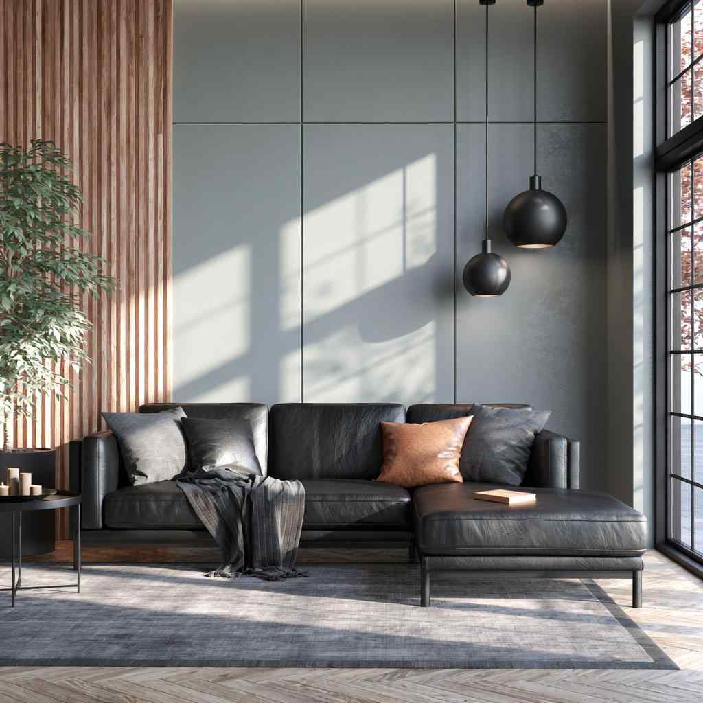 Black leather sofa design with wood wall