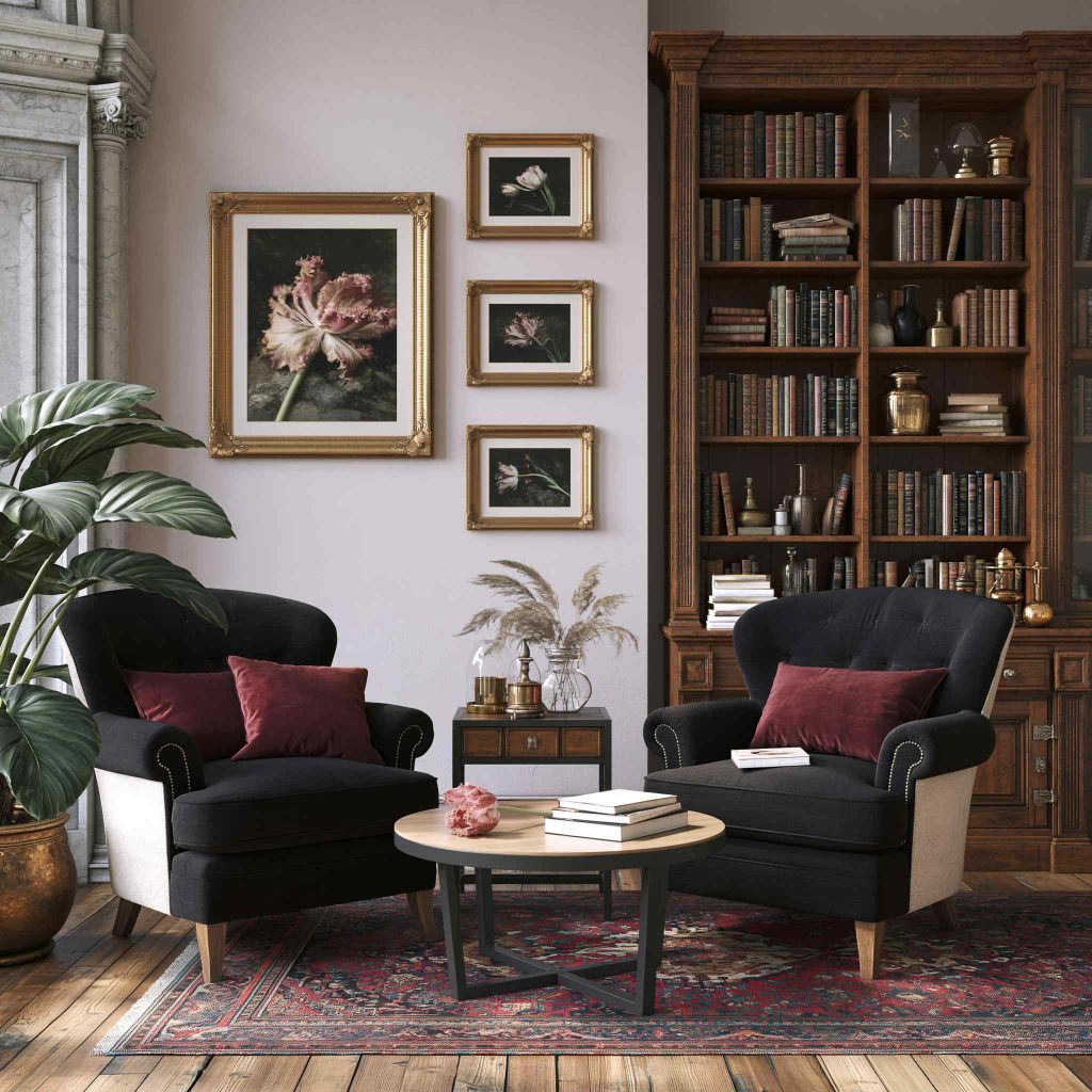 Black sofa design armchairs in library room