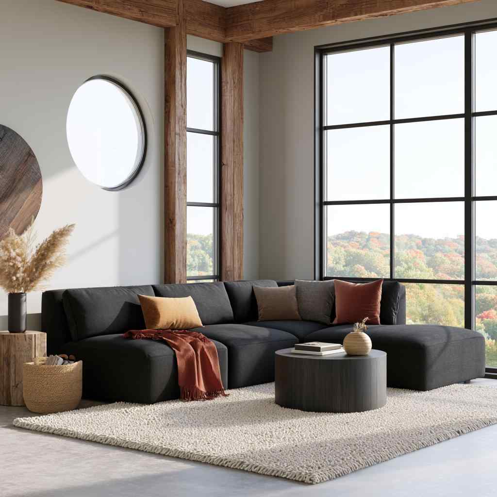  Black sofa design with rust cushions