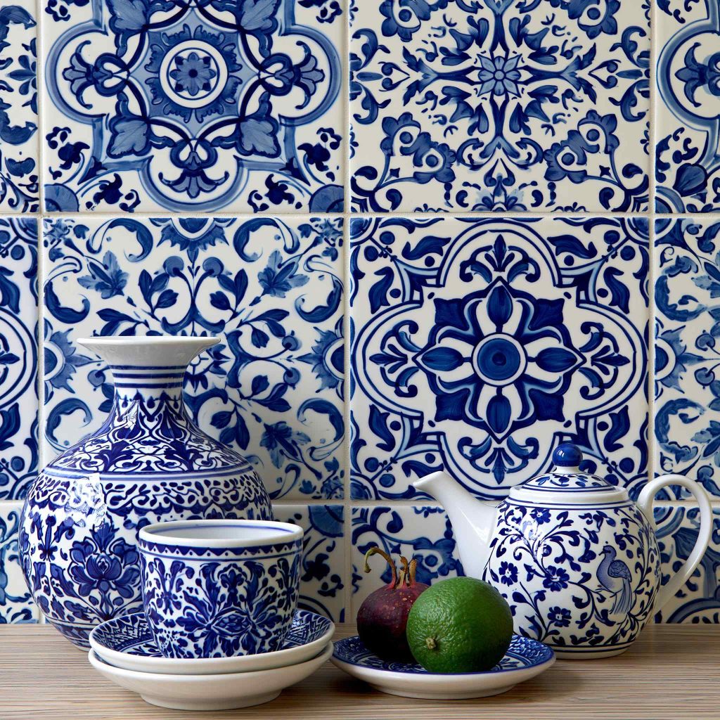 Blue and white patterned kitchen dado tiles