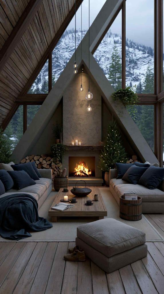 A-frame cabin interior design with mountain view