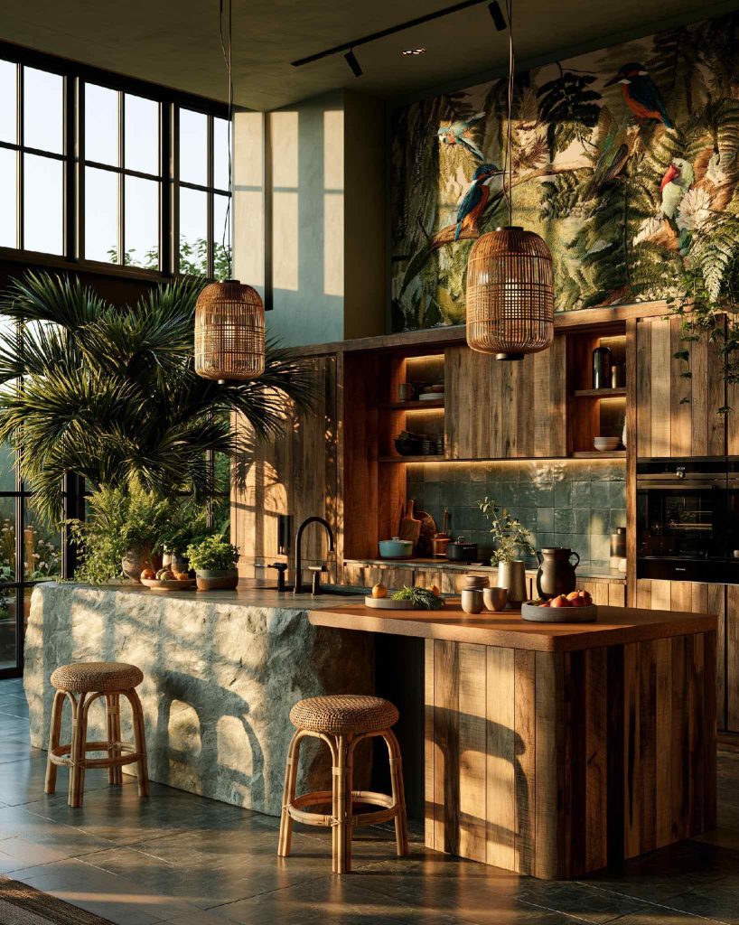 Cabin interior design kitchen with botanical wallpaper