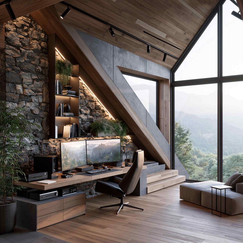 Cabin interior design home office with mountain view