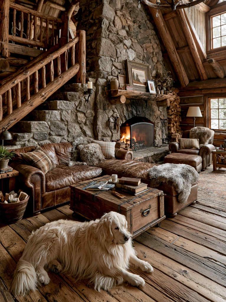  Rustic cabin interior design with stone fireplace