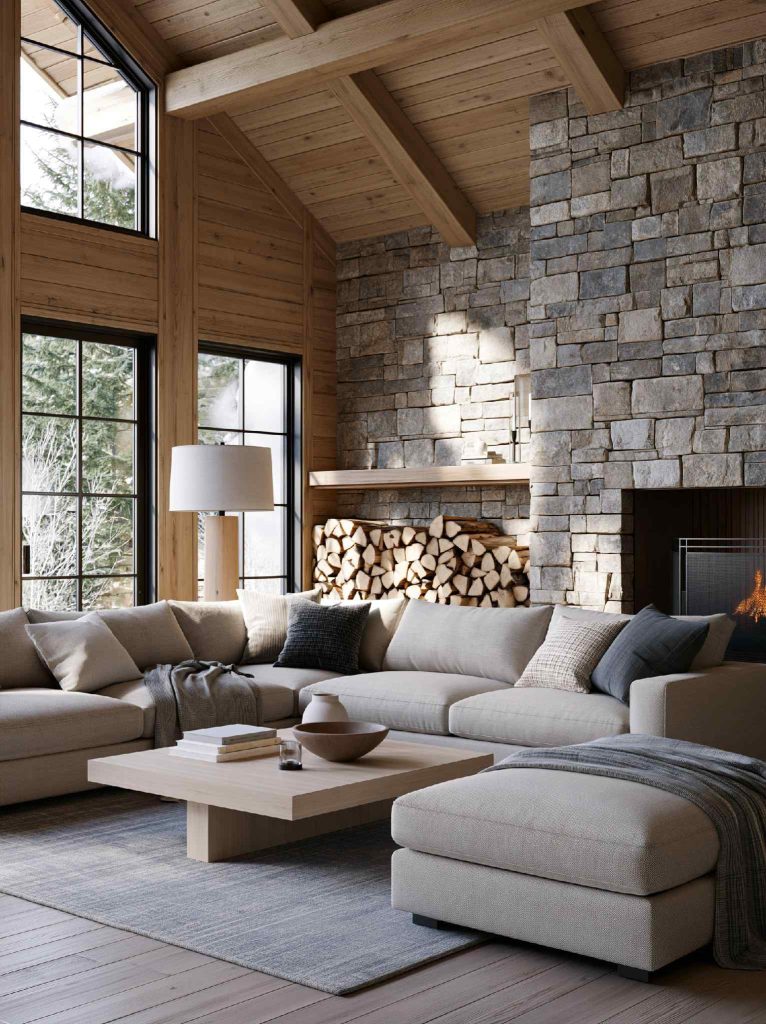 Cabin interior design stone and timber walls
