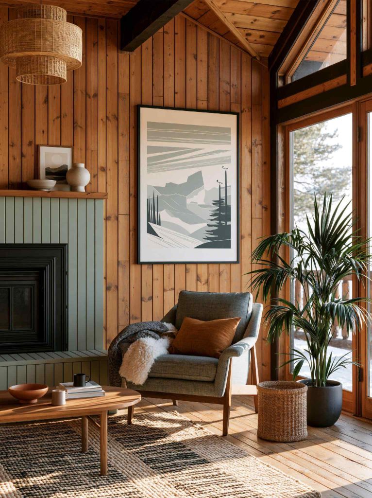 Cabin interior design wood panelled reading nook