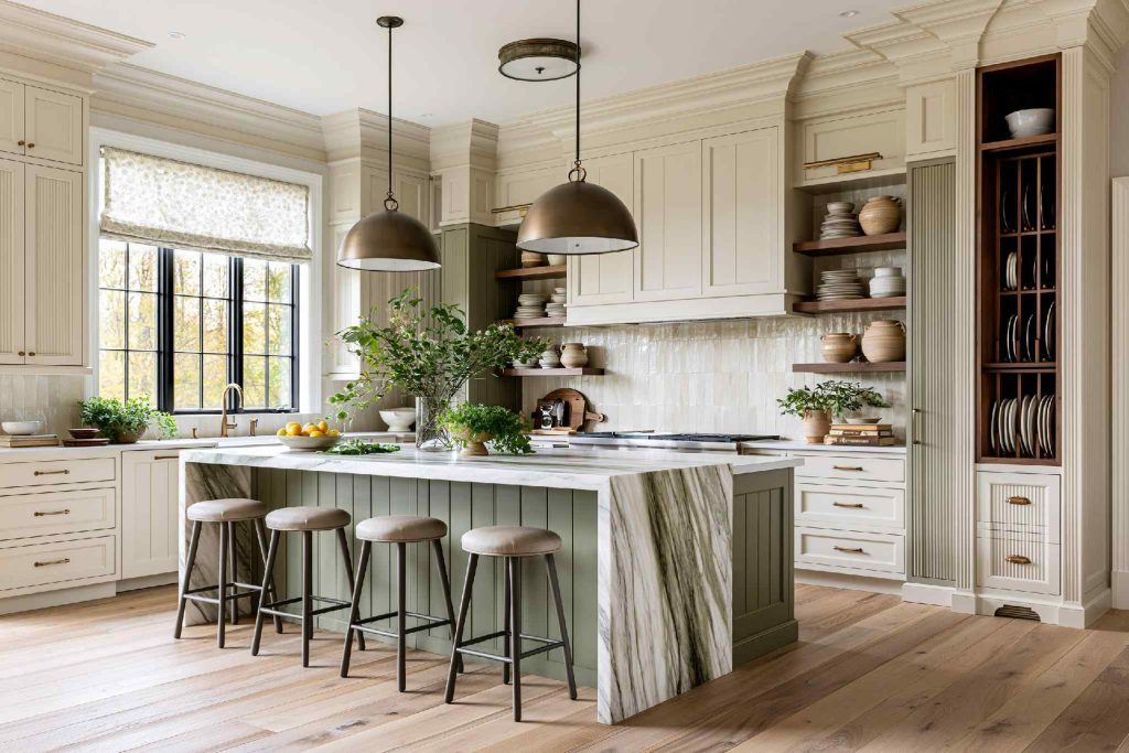  Classic American kitchen with sage green island