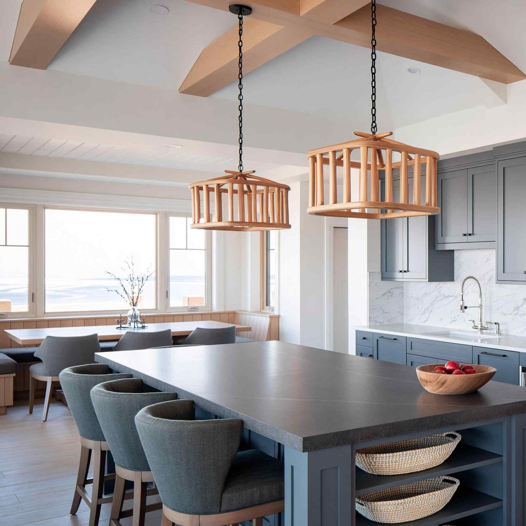 Classic kitchen design with grey-blue cabinets
