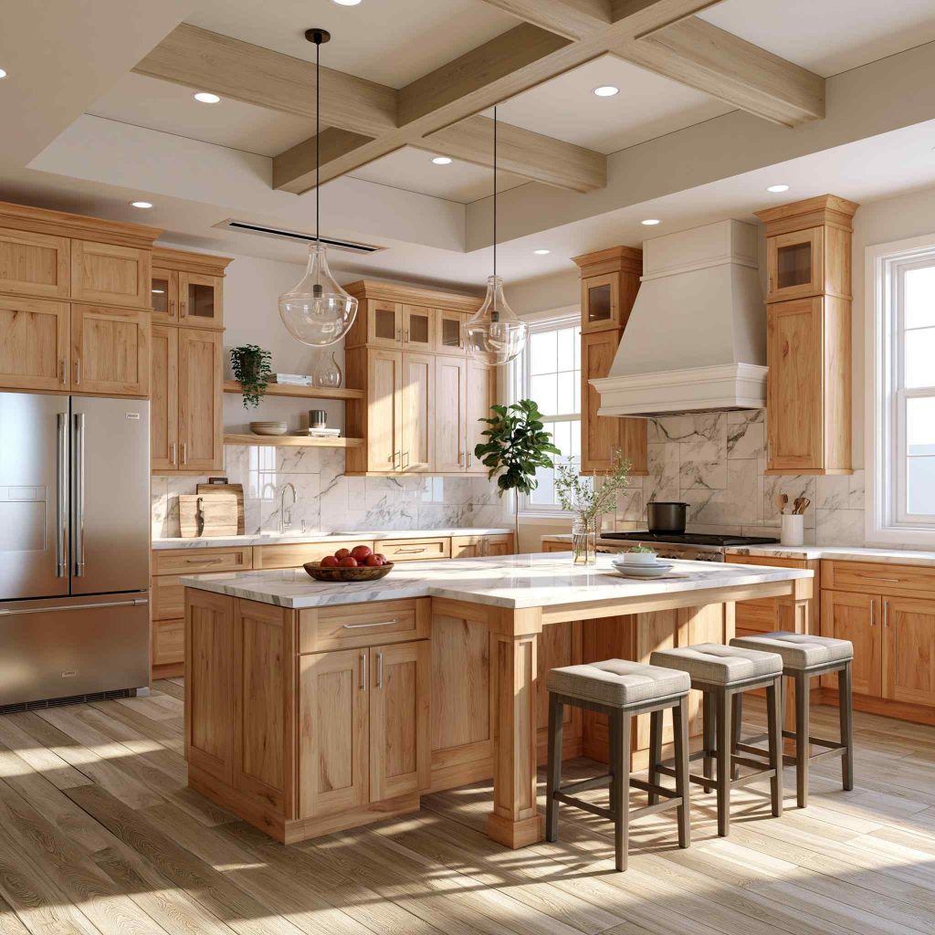 Classic kitchen design with natural wood cabinets