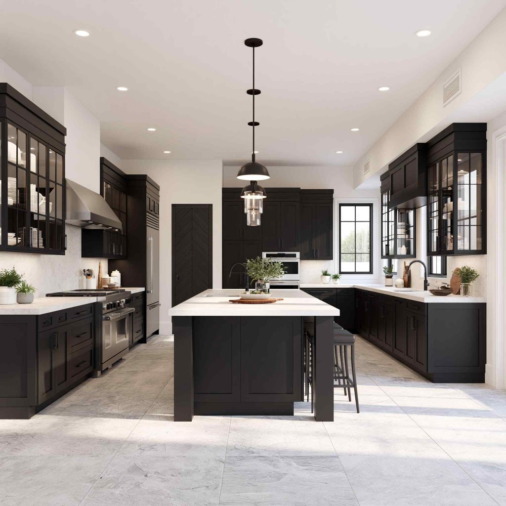 Black cabinet American kitchen with glass fronts