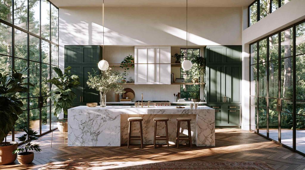 Green cabinet American kitchen with marble island