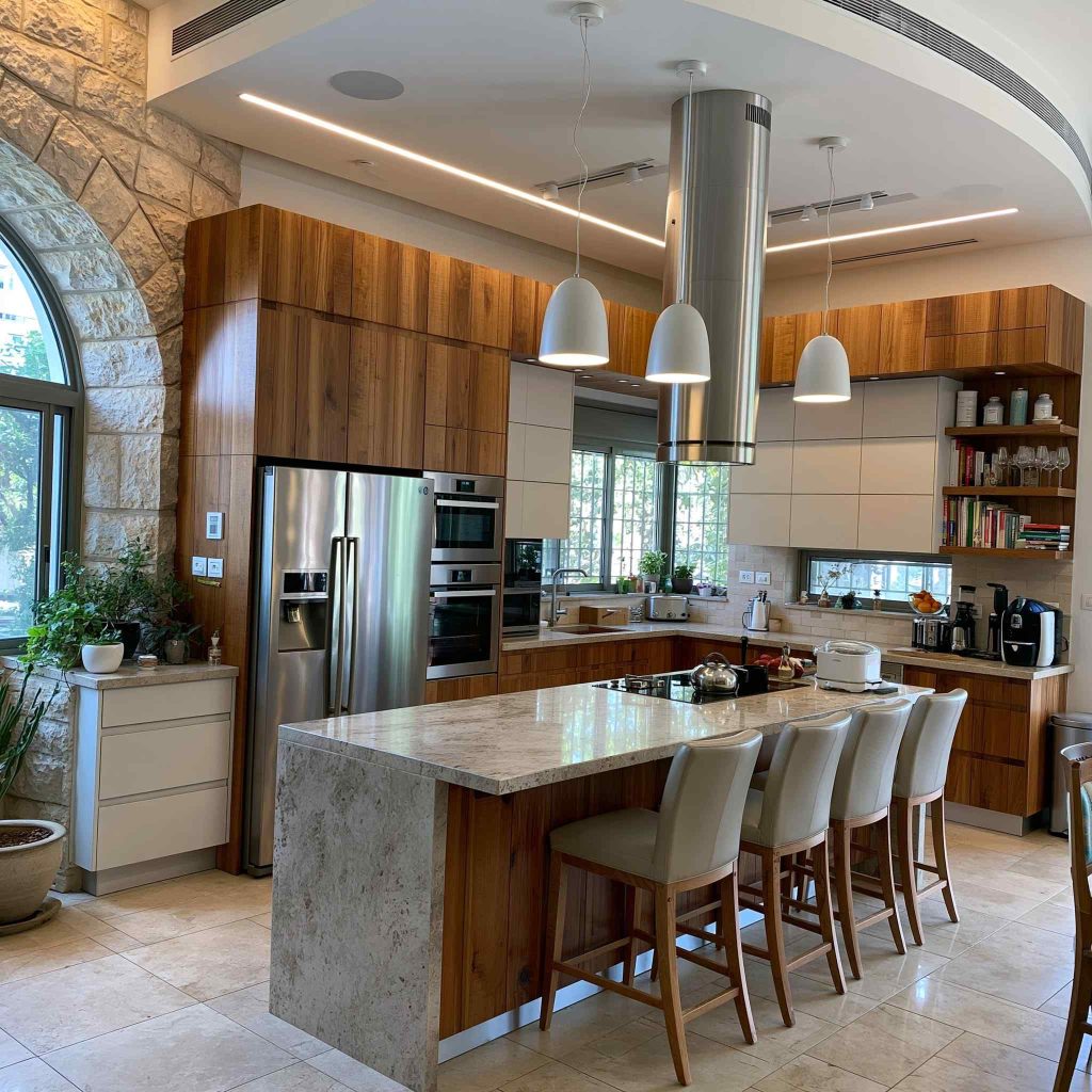 American kitchen island with stainless steel appliances