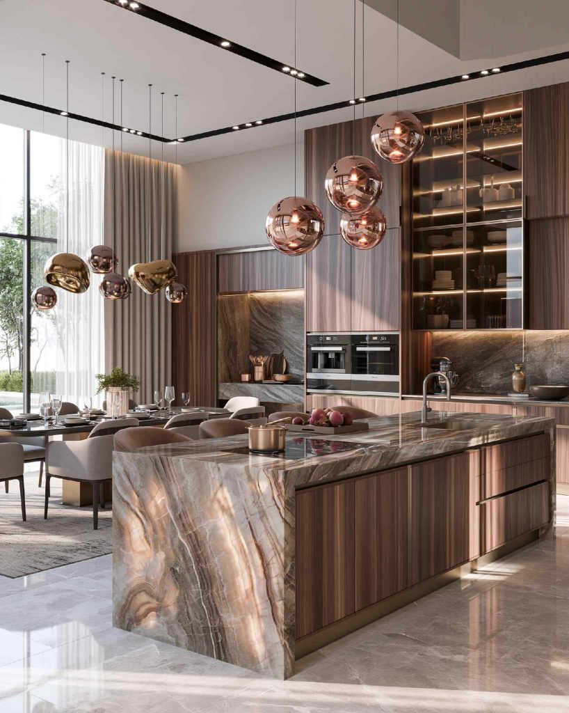 Luxury American kitchen with marble waterfall island