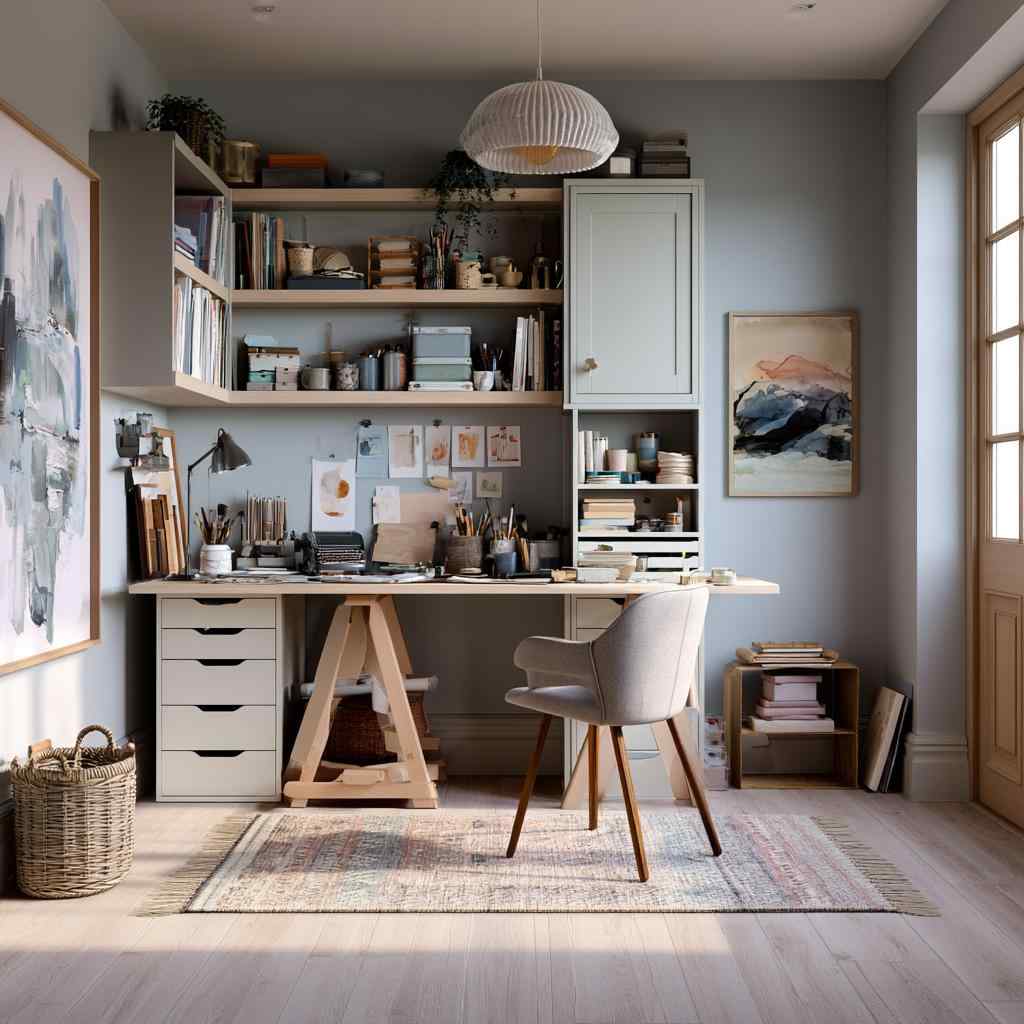 Art craft room decoration with mood board desk