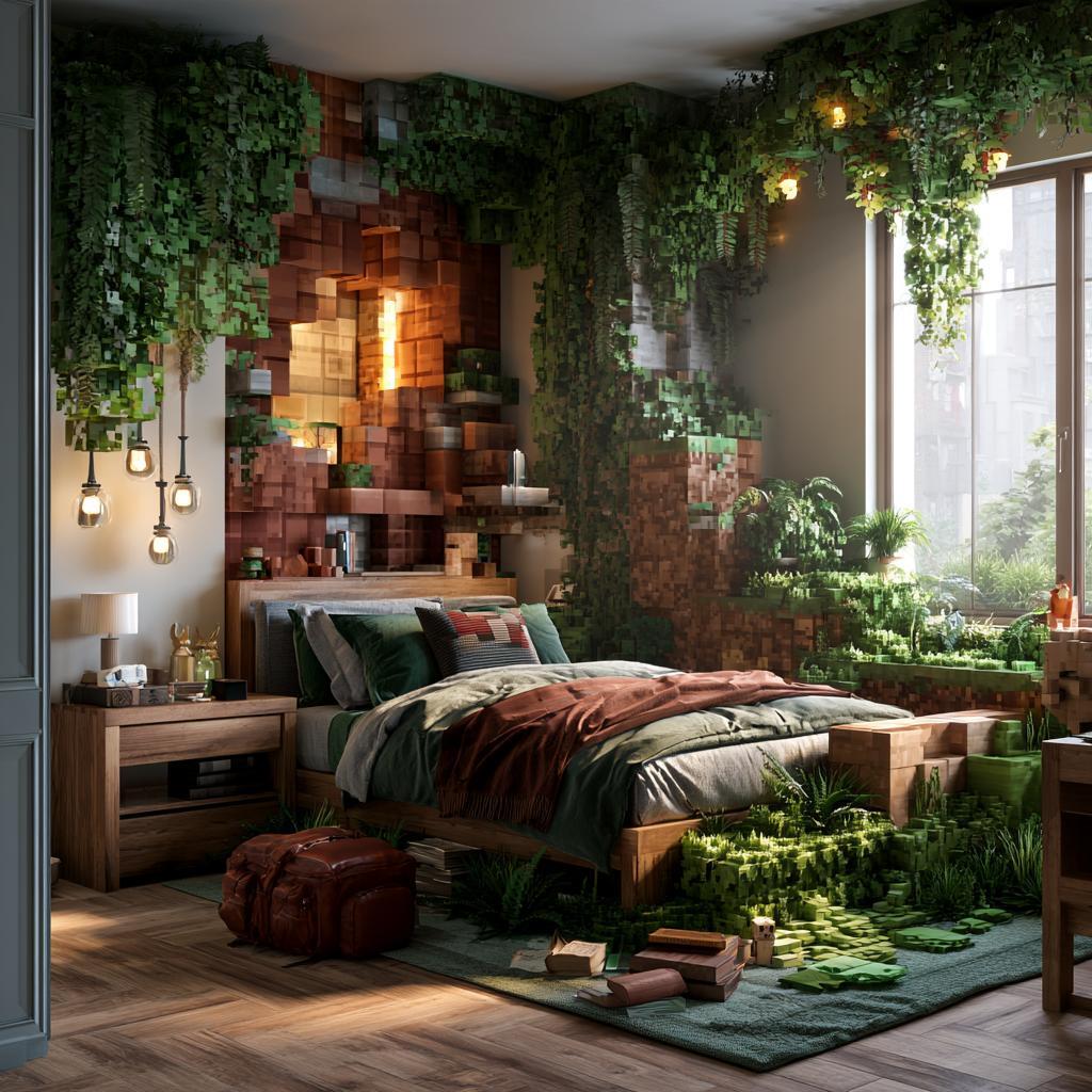 Junglevine Minecraft bedroom decor with brick walls