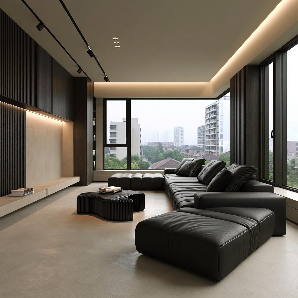 Black leather modern U-shaped sofa room
