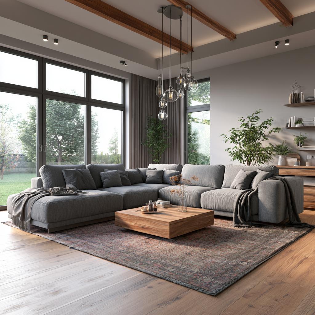 Grey modular U-shaped sofa garden view room