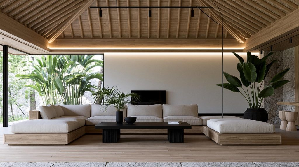 Wood U-shaped sofa tropical open living room