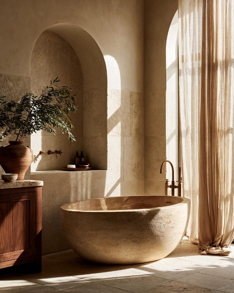 Warm earthy stone bathroom tub decor