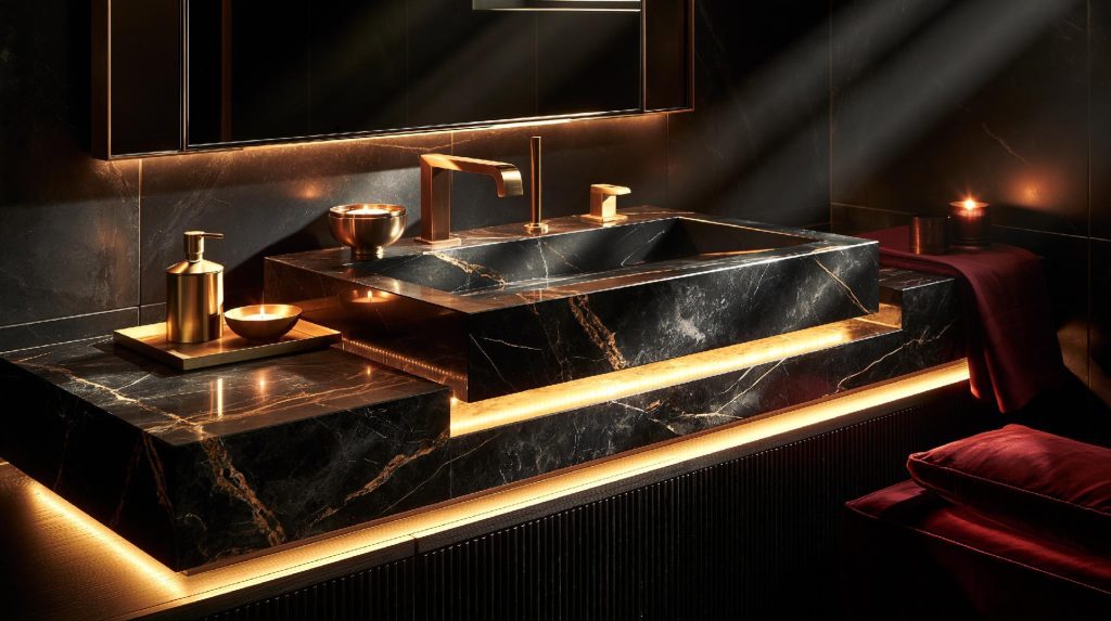 Luxury dark marble counter top basin with gold lighting
