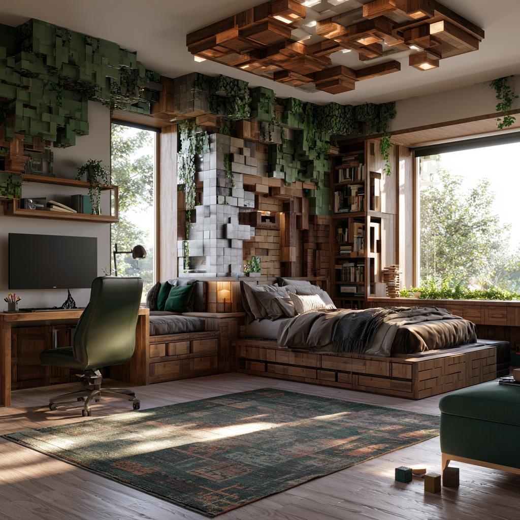 Wood block accent wall Minecraft bedroom