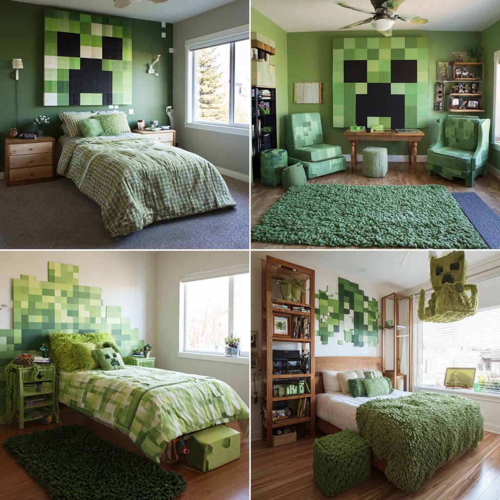 Minecraft bedroom ideas with creeper wall art seating