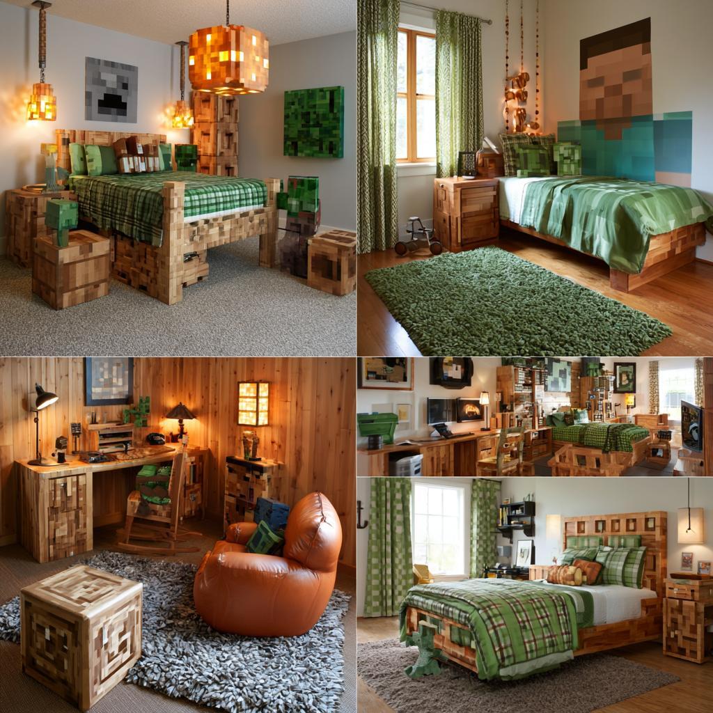 Minecraft room decor with green pixel wood furniture