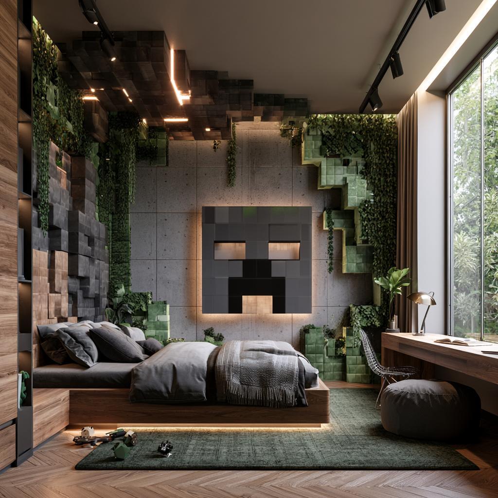 Creeper wall art Minecraft themed grey bedroom