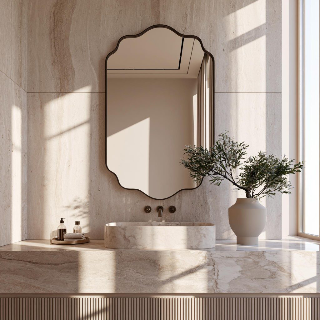 Oval stone counter top basin with ornate mirror