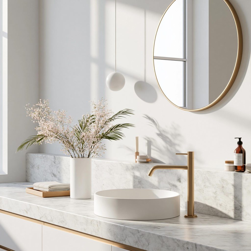 Round counter top basin on marble bathroom counter