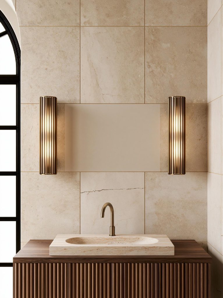 Stone counter top basin with wall-mounted goldtop